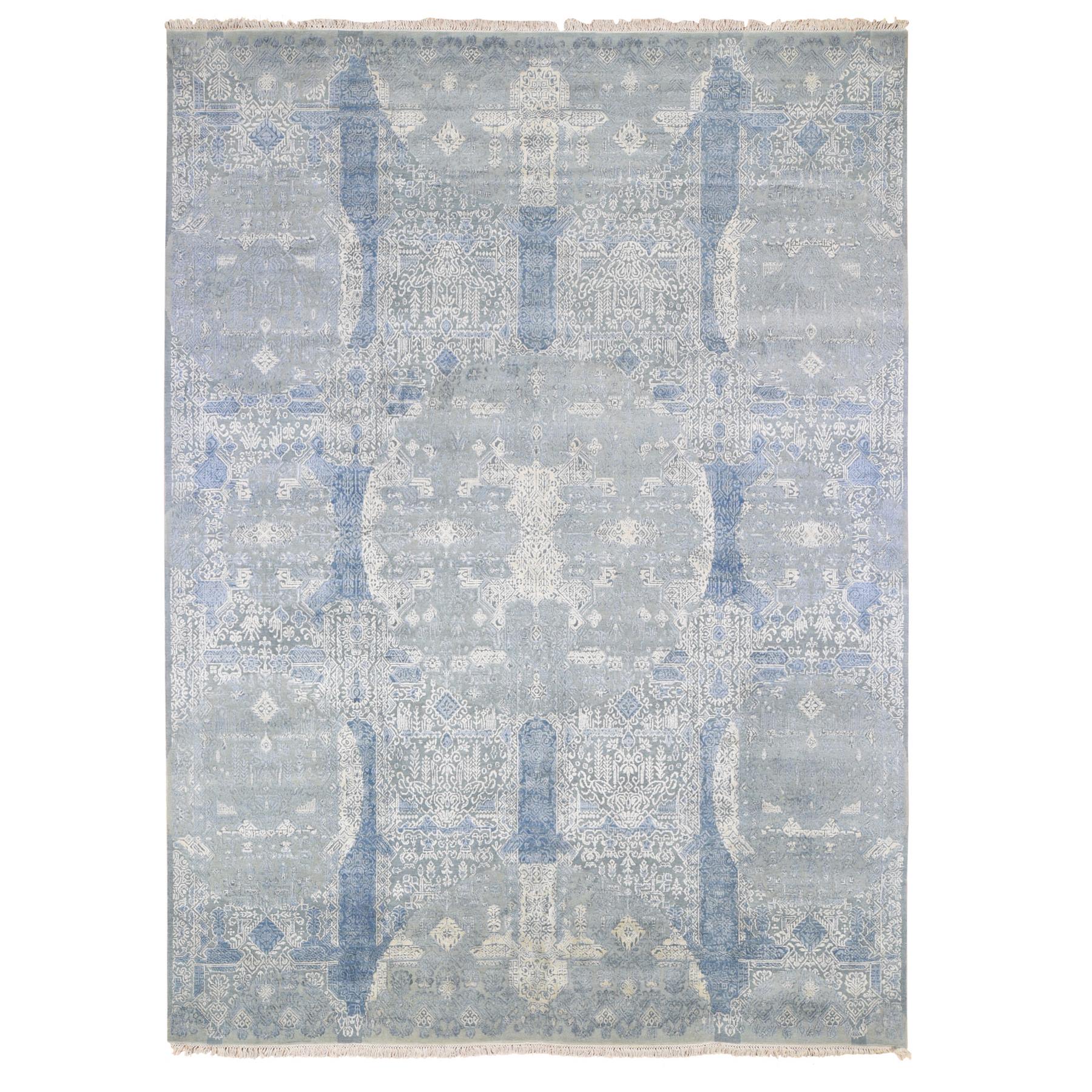 9'x12'2" Wool and Pure Silk Hand Knotted Blue Jewellery Design with Soft Colors Oriental Rug 